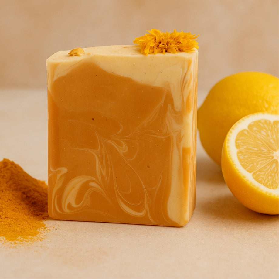 Golden Zest citrus soap bar enriched with mango butter and lemon essential oil for bright, fresh skin.