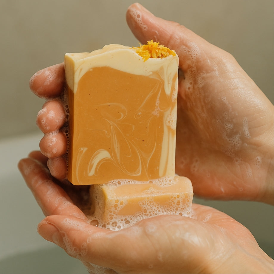 Golden Zest citrus soap bar enriched with mango butter and lemon essential oil for bright, fresh skin.