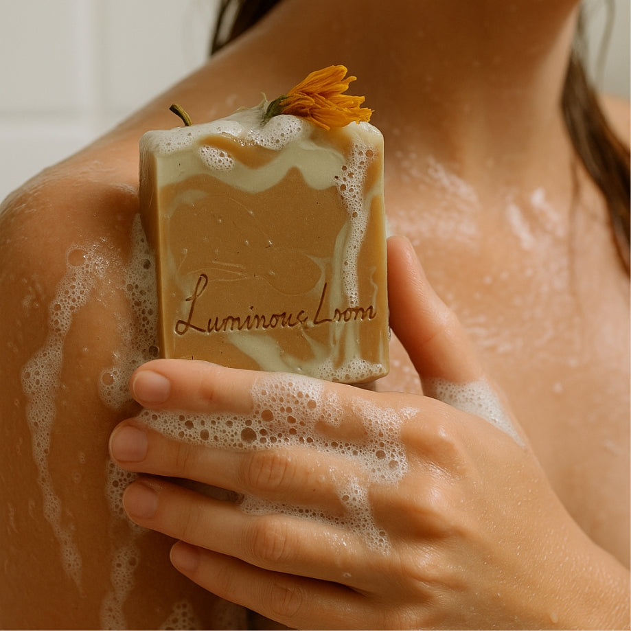 Golden Zest citrus soap bar enriched with mango butter and lemon essential oil for bright, fresh skin.